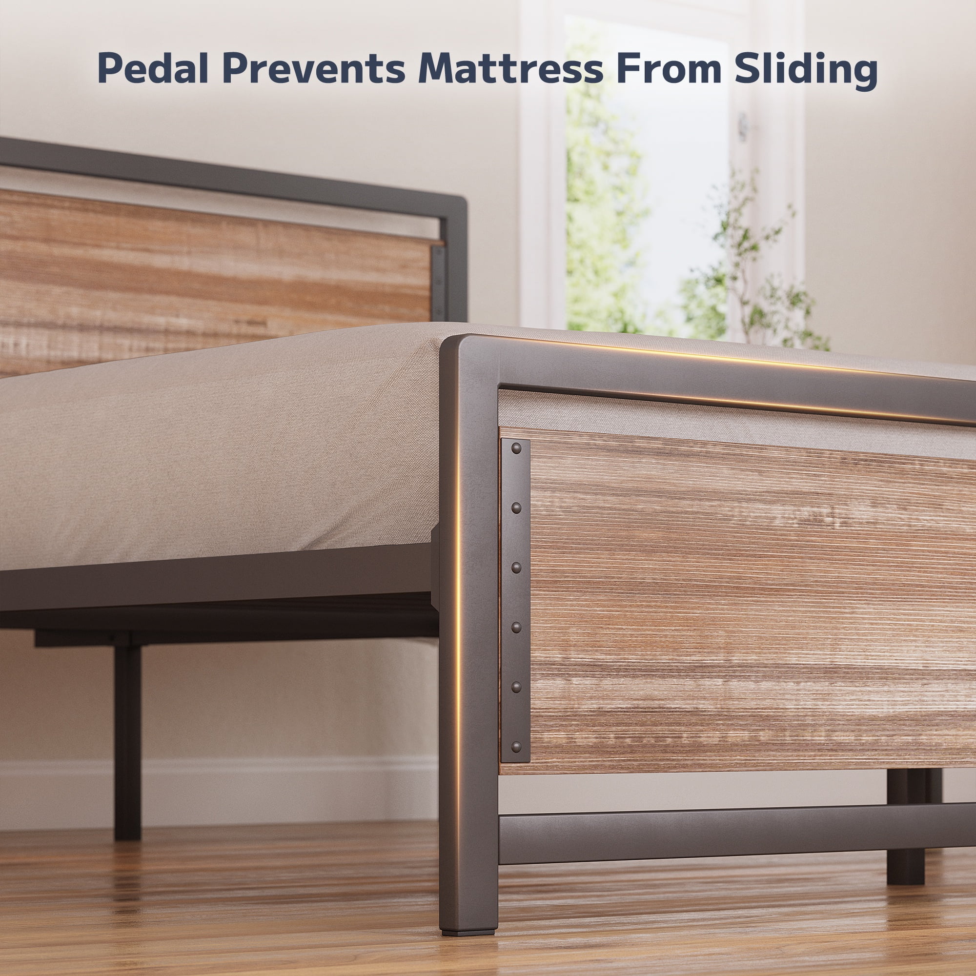 Asofer Queen Bed Frame with with Rustic Vintage Wood Headboard and Footboard, No Box Spring Needed, Wood Color