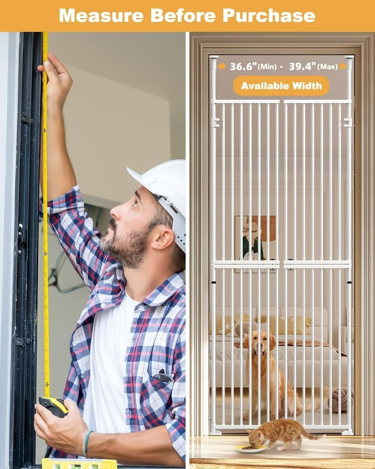 Lilypelle Extra Tall Cat Pet Gate, Adjustable 36.61"-39.37" Width 74.8-96.5 Inch Height, No Drilling Pressure Mounted, Walk Through Swing Safety Double Door Gate for Doorways, Stairs, Kitchen, House