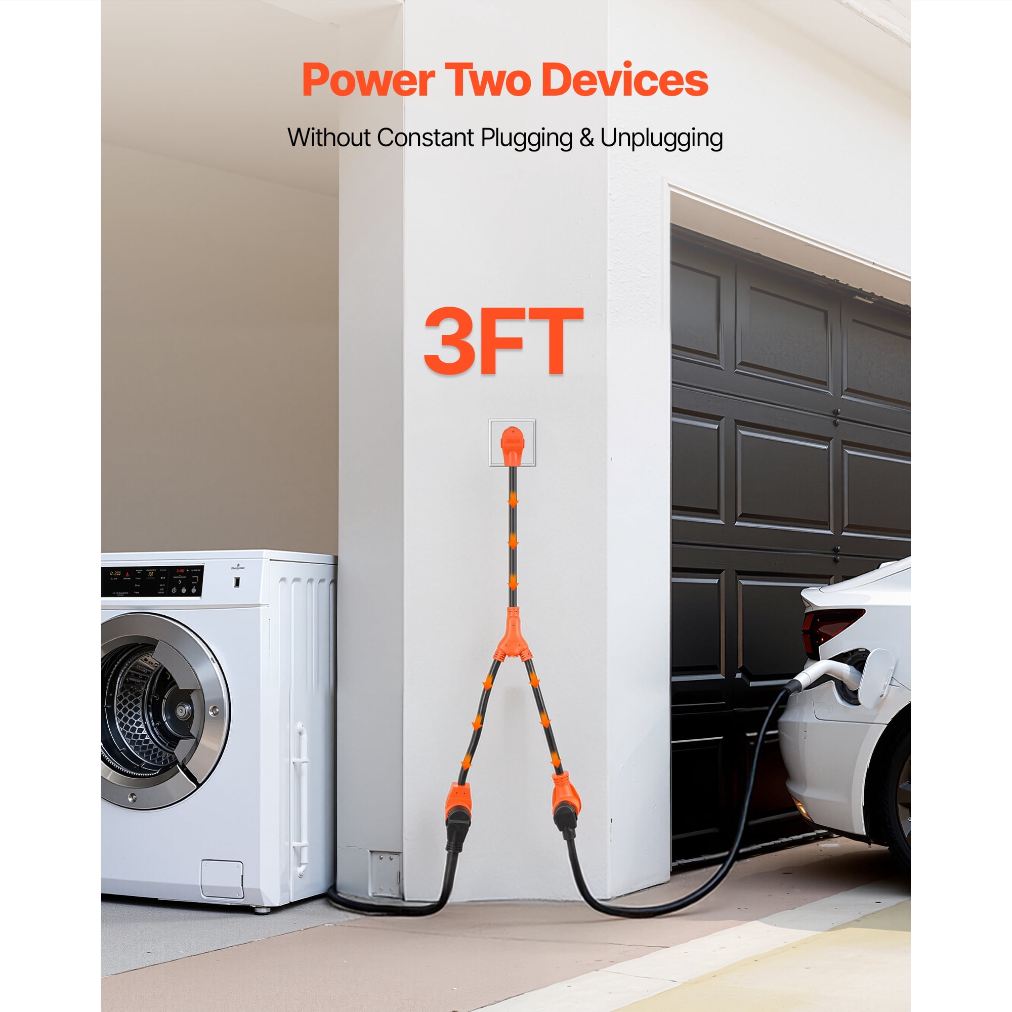 KFFKFF Y Splitter Adapter, 30 Amp, 4-Prong Outlet 240V for Dryer and EV Charger, NEMA 14-30P to 14-30R/14-50R, with Grip Handle, Durable 10 AWG STW Cable, Suitable for EV Chargers, Dryers, and RVs