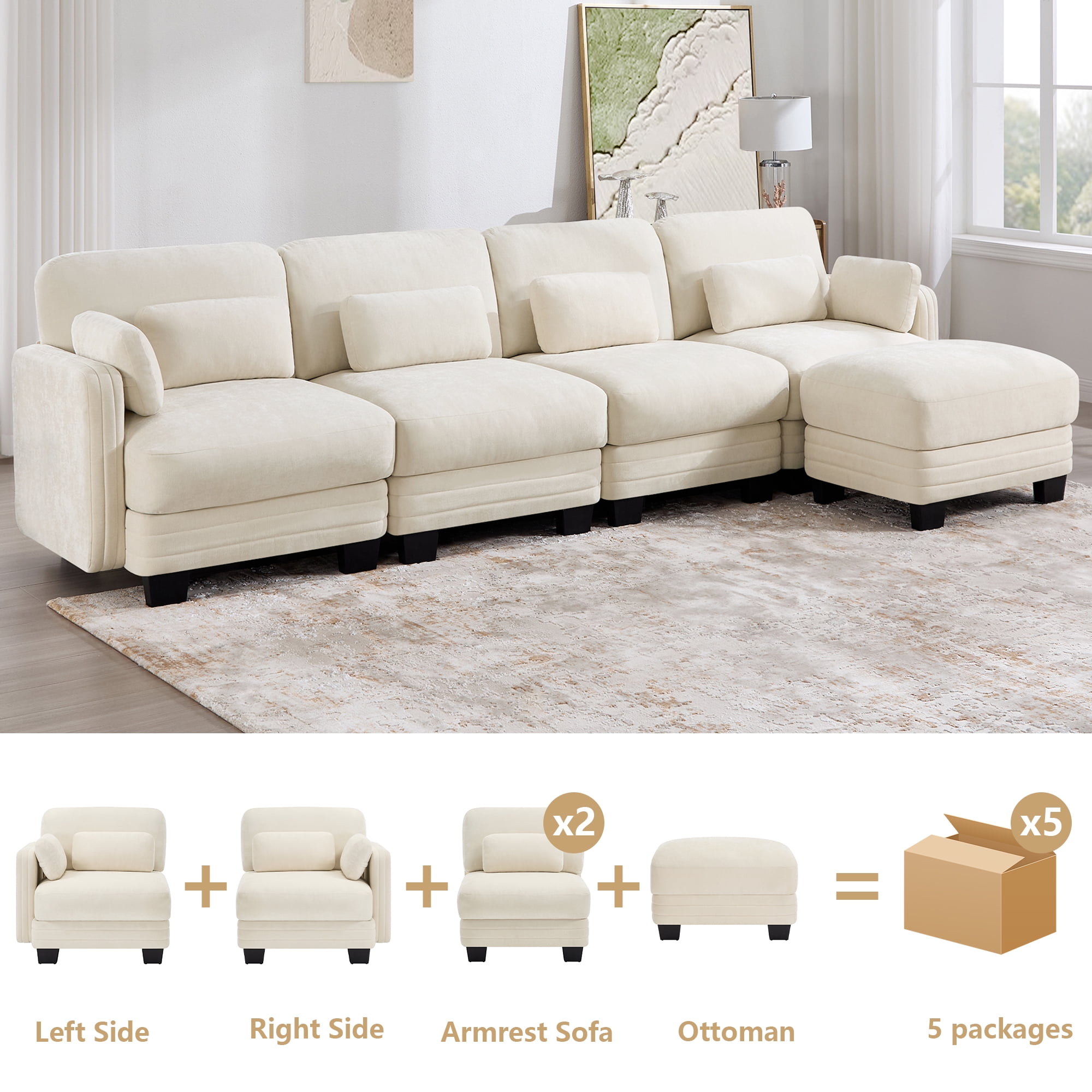 130" L Shape Modern Modular Sectional 4 Seater Sofa Couch with Movable Ottoman and 6 Pillows