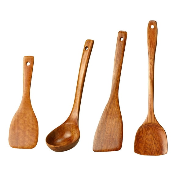 4 Pieces Wooden Utensil Set Handmade Wooden Utensil Set for Nonstick Cookware Acacia Wood Cooking Utensil Slotted Serving Spoon Flat Spatulas Set