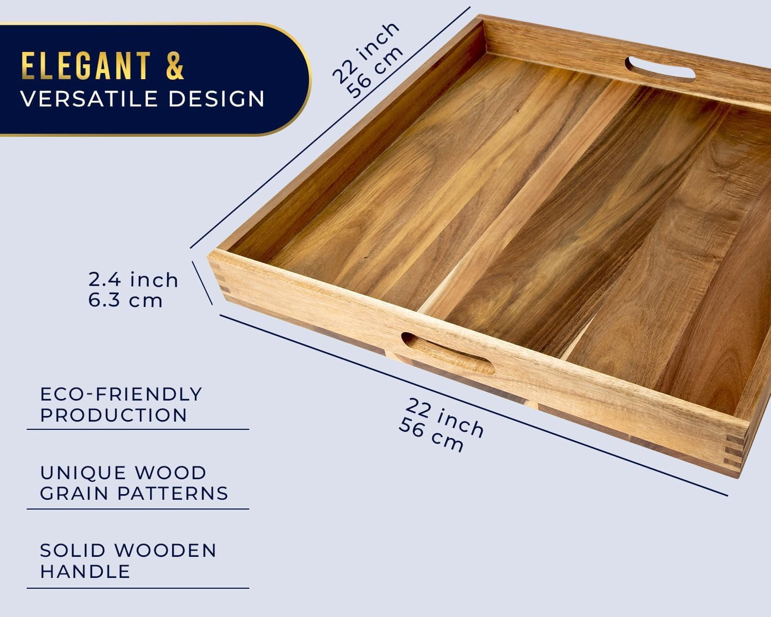 Comfify 22" Square Acacia Wood Serving Tray, Brown – Large Decorative Ottoman Tray with Handles for Food, Drinks & Home Organization