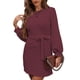 thumbnail image 1 of Vestido de manga larga para mujer, cuello redondo, Color puro, transpirable, patrón de gofres, vestido con cinturón, vestido envolvente para la vida diaria, 1 of 6