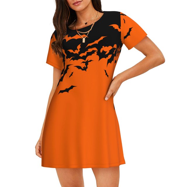 Easygdp Halloween With Black Bats Camisón de manga corta para mujer, informal, estampado