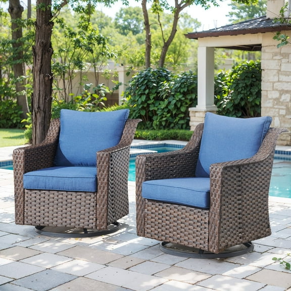 Planntonneo Wicker Patio Chairs Set of 2, Outdoor Swivel Glider Rocking Chairs with 4'' Blue Cushions for Porch Balcony Backyard