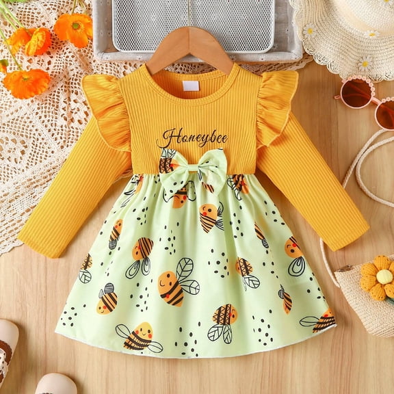 Trendfront Girls Dress Cute Honey Bee Flutter Sleeve Ribbed Bowknot Summer Outfit Crew Neck Long Sleeve Casual Wear for Toddlers 6M-3Y