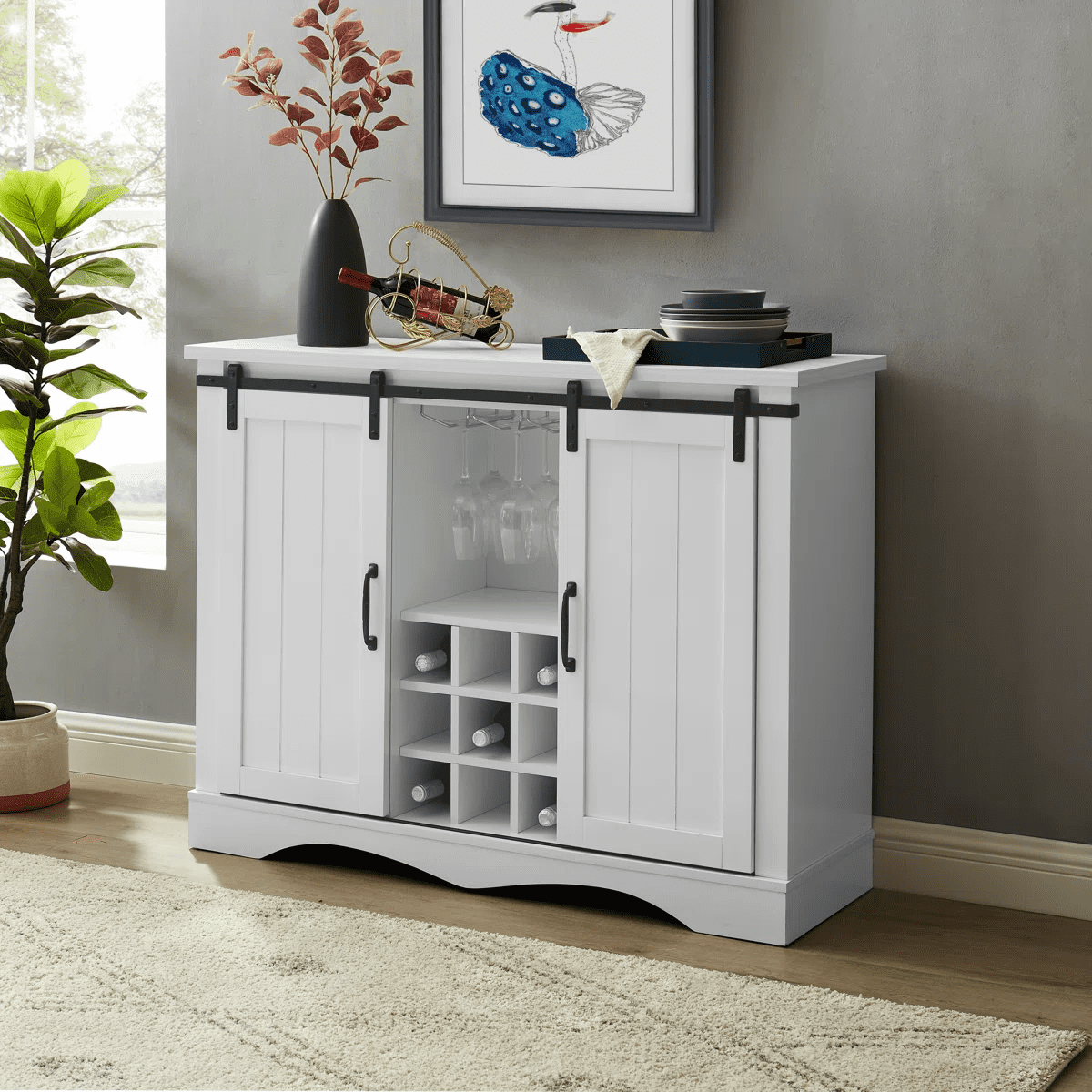 47" Rustic Wine Cabinet with Sliding Barn Doors,White