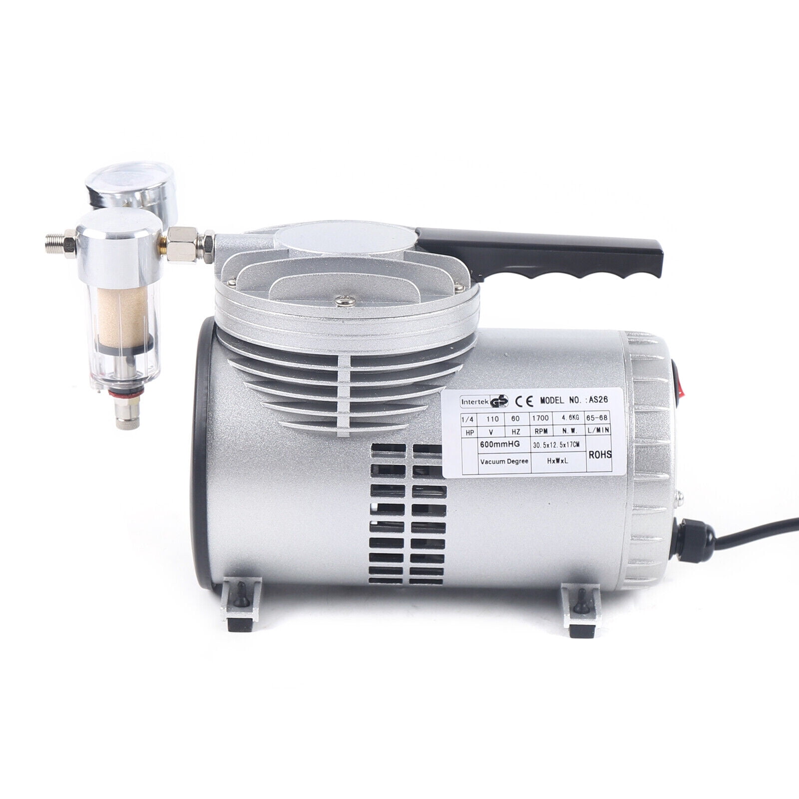 1/6HP Oilless Diaphragm Vacuum Pump Small Oil Free Vacuum Gauge Suction Pump 20-23L/min Air Flow