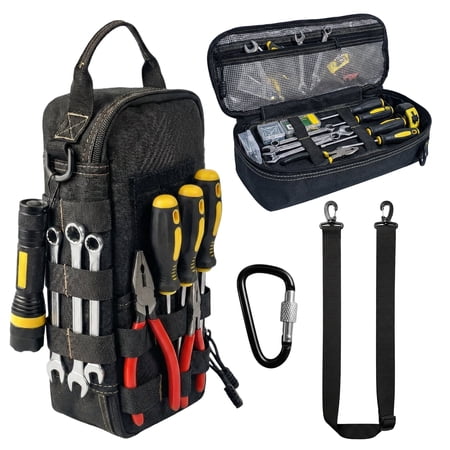 Heavy Duty Small Tool Bags for Men with Carabiner Tactical Tool Pouch Bag Portable Utility Tools Storage Organizer Case with Shoulder Strap for EDC Motorcycle Camping Road Trip Electricians Black