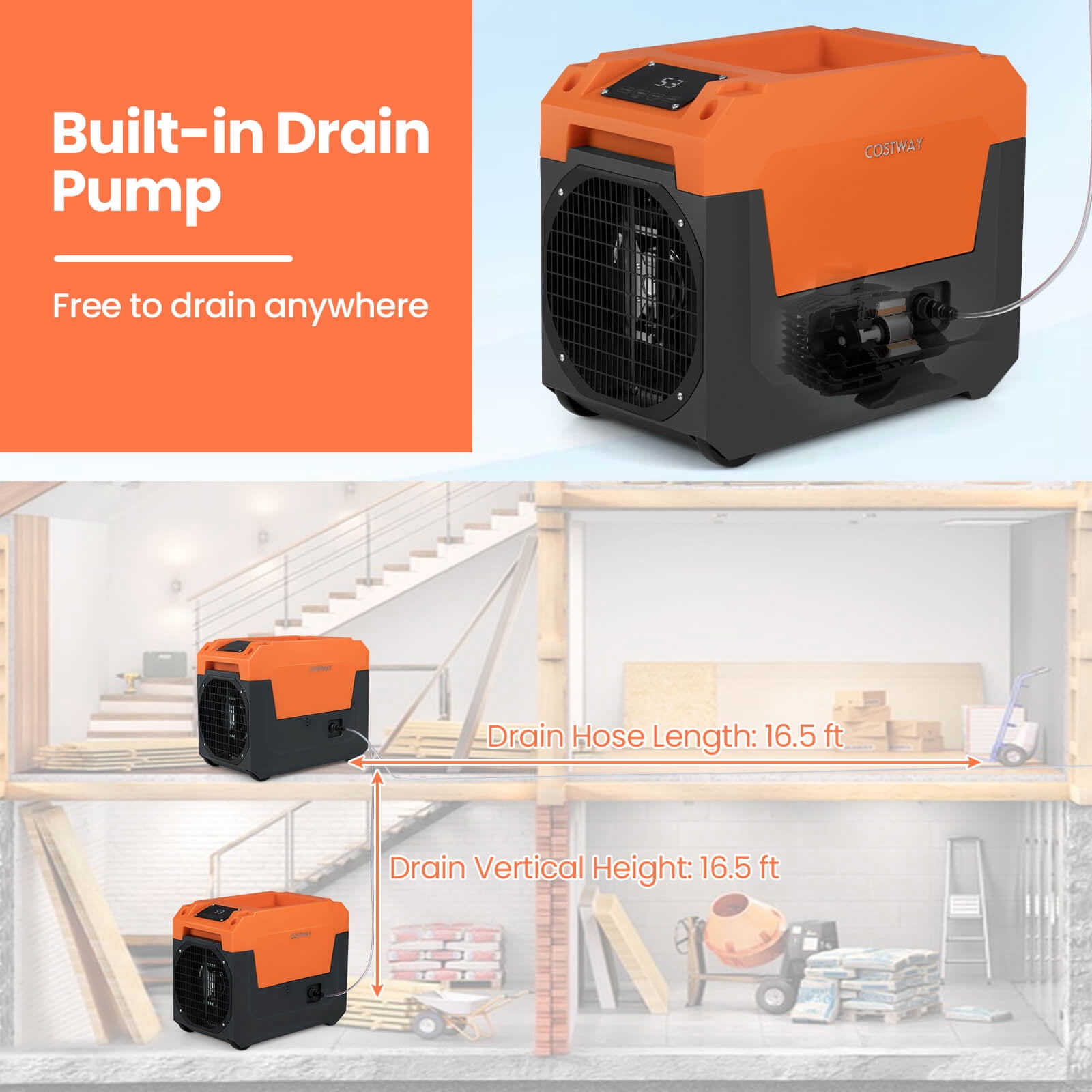 Costway 50-Pint(DOE) Commercial Dehumidifier with Pump, Drain Hose for Basements, Job Sites 4500 Sq. ft Coverage Area Orange