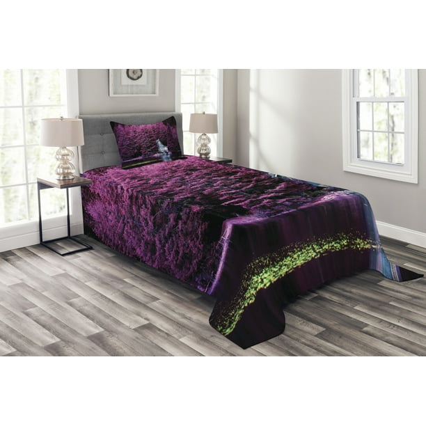 Lavender Bedspread Set Twin Size, Purple Trees by a Lake with Blue
