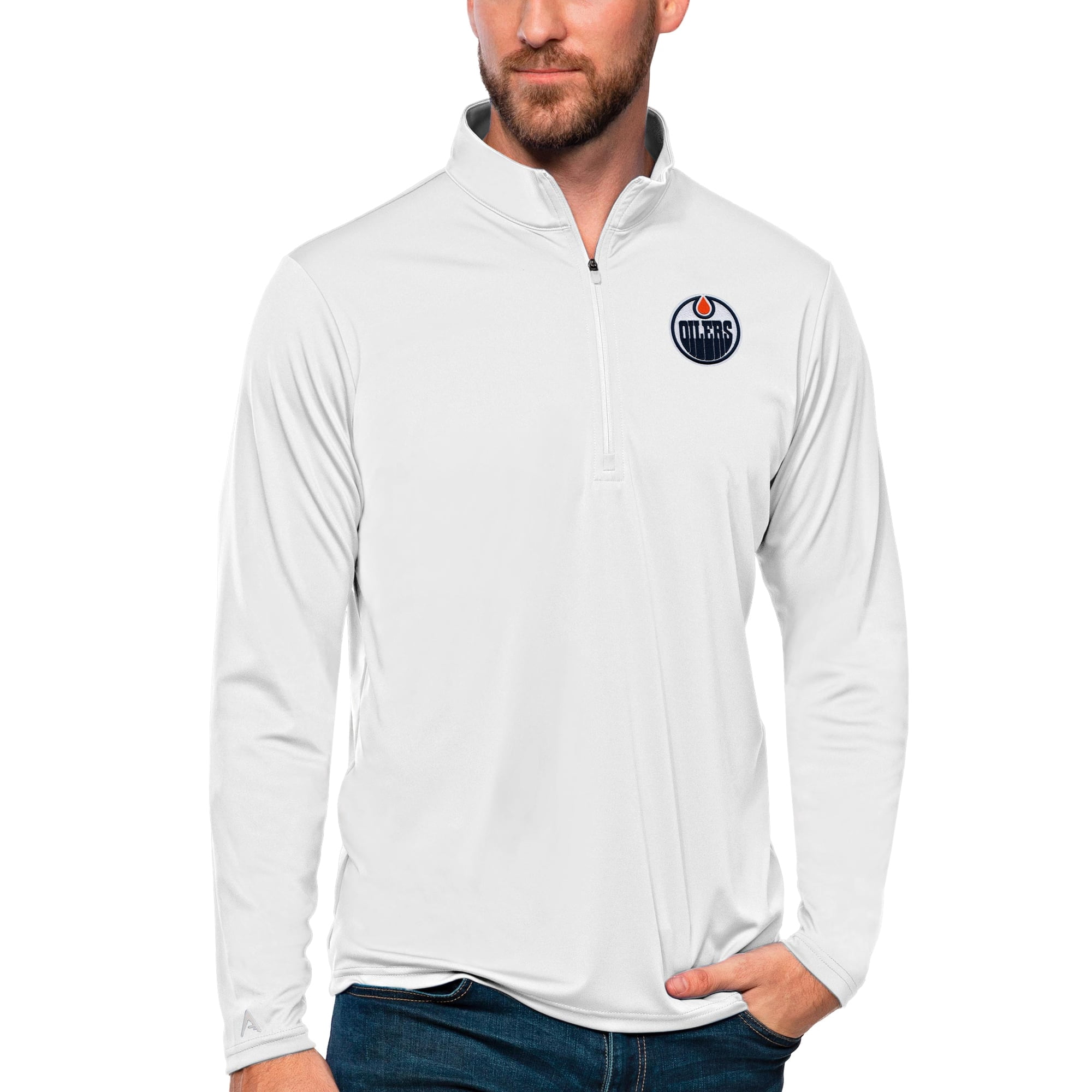 Men's Antigua White Edmonton Oilers Tribute Quarter-Zip Pullover Top