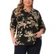 thumbnail image 1 of Blusas de talla grande para mujer GRACE & GRANDEUR, con patrón impreso, botón en el cuello en V, manga 3/4, dobladillo curvado, camisetas casuales con bolsillos, 3X negro, 1 of 1