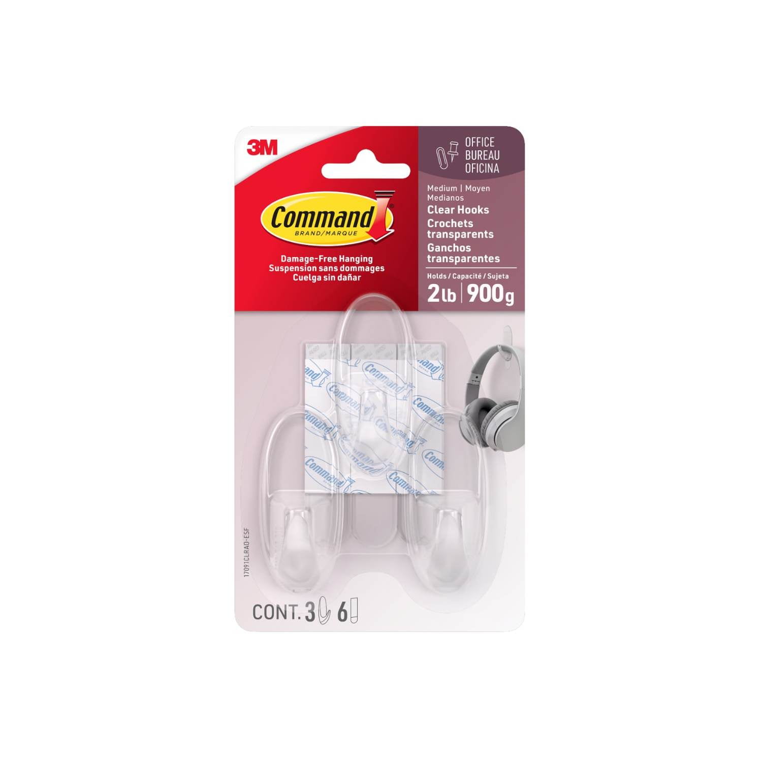 (3 pack) Command Medium Wall Hooks, Clear, Damage Free Decorating, 3 Hooks and 6 Command Strips