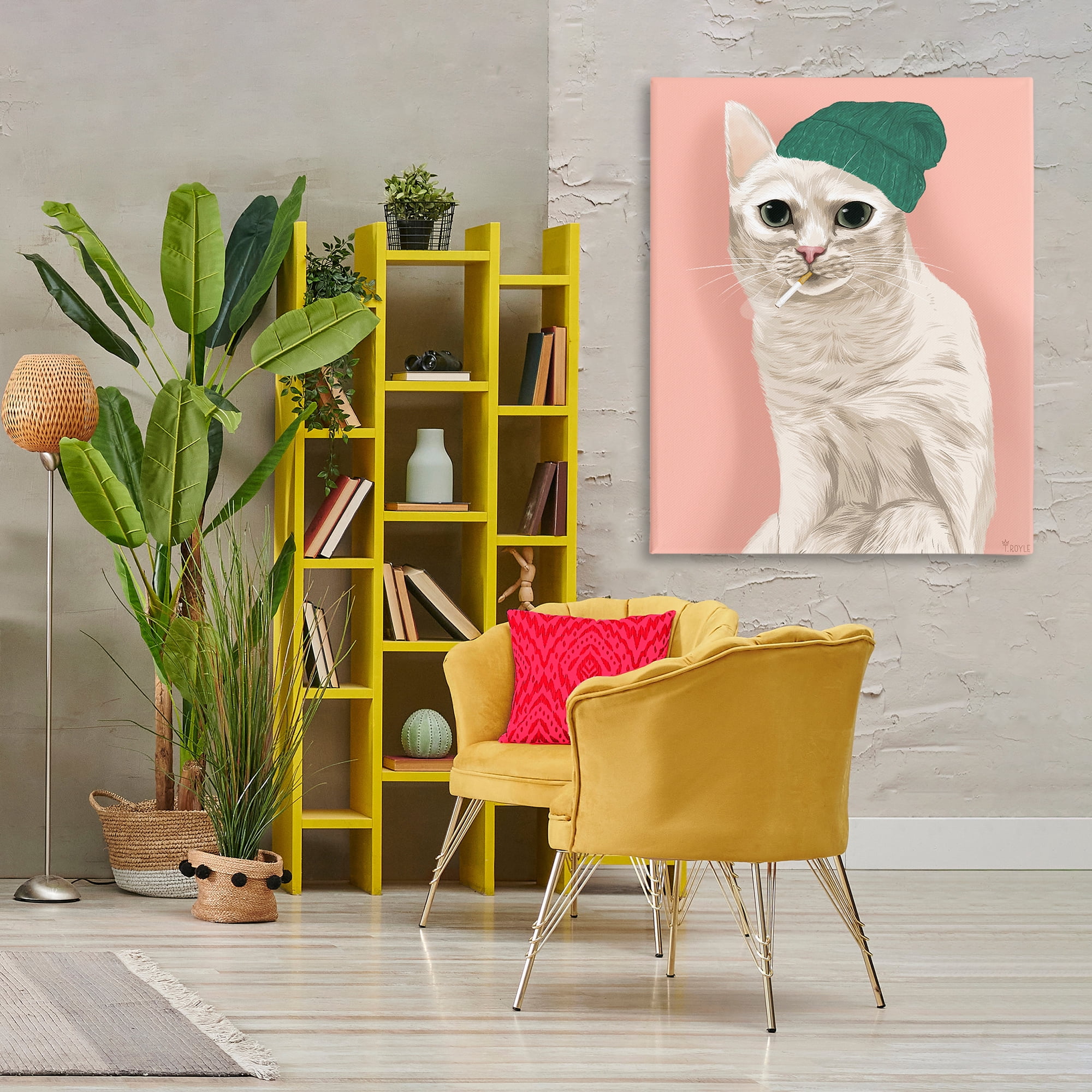 Stupell Industries Hipster Cat with Beanie Animals Painting Wrapped Canvas Art Print Wall Art, 36 x 48