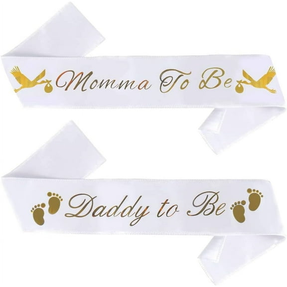 Brosash Momma To Be & Daddy To Be Baby Shower Sash Bundle - White with Gold Letters Adorable Sashes