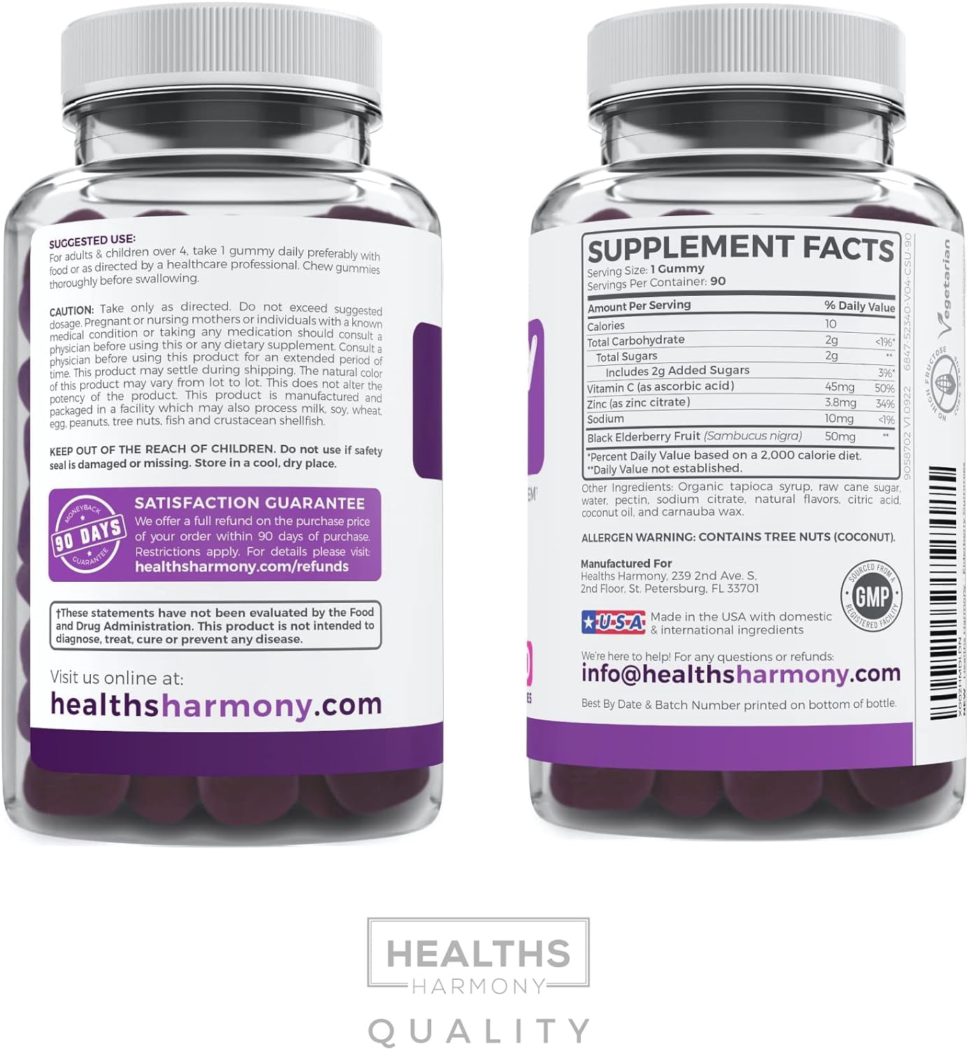 Healths Harmony Elderberry Gummies for Kids, Immune Support Supplement with Vitamin C & Zinc, 90 Count