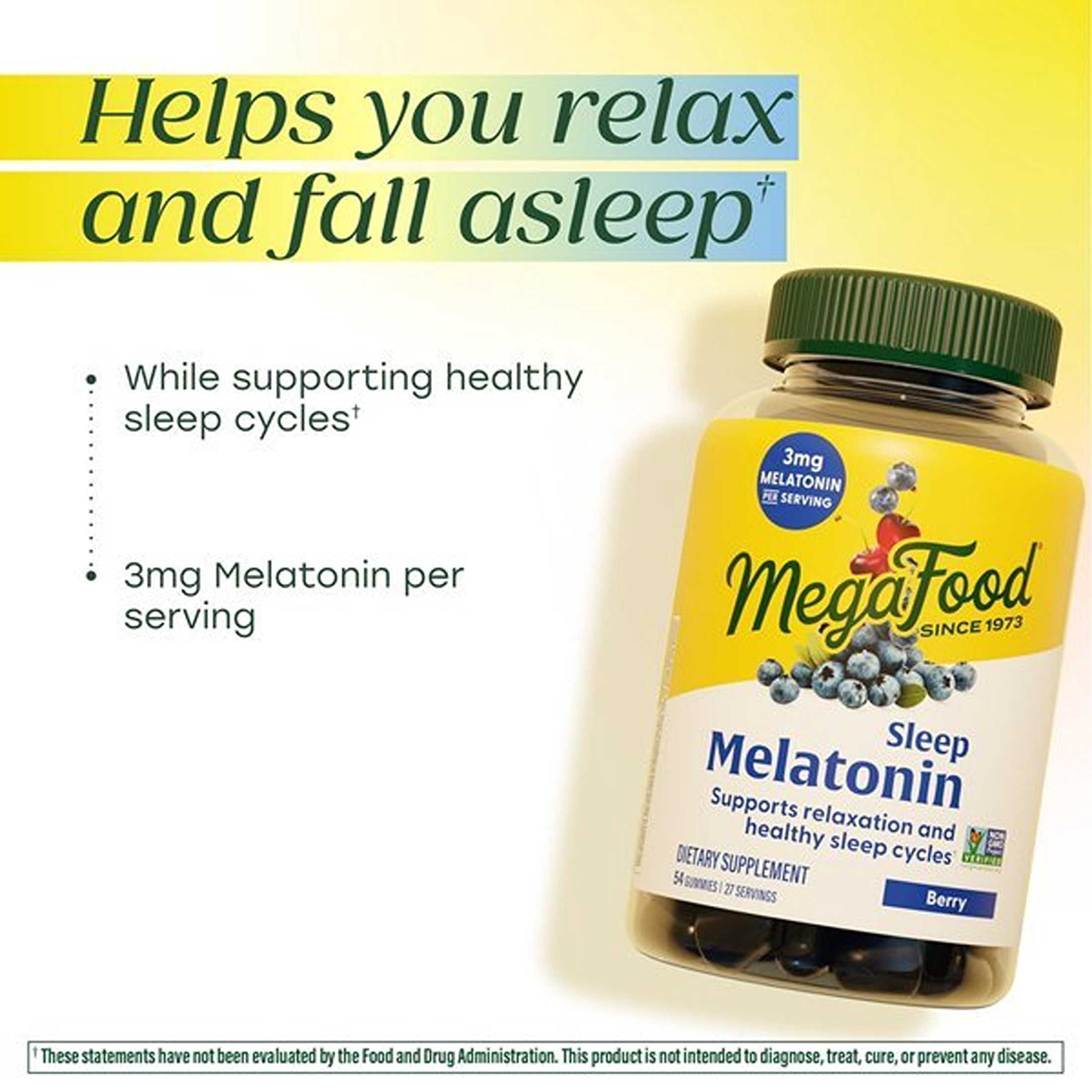 MegaFood Melatonin Gummies 3mg - Adult Sleep Support - Berry Flavor - 27 Servings, 3 Pack
