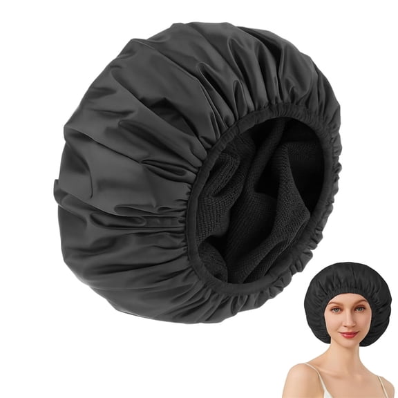 Topboutique 1 Pcs Terry Lined Shower Cap Waterproof Hair Cap Reusable Large Bathing Cap with Wide Elastic Band for Women & Men, Hair Cover Accessory for Home Travel Bath (Black)