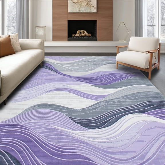 ODIKA 4'x6' Machine Washable Non-Slip Area Rug, Mystic Current Grey & Lilac Flow Artistic High Traffic Rug, Purple, 104550