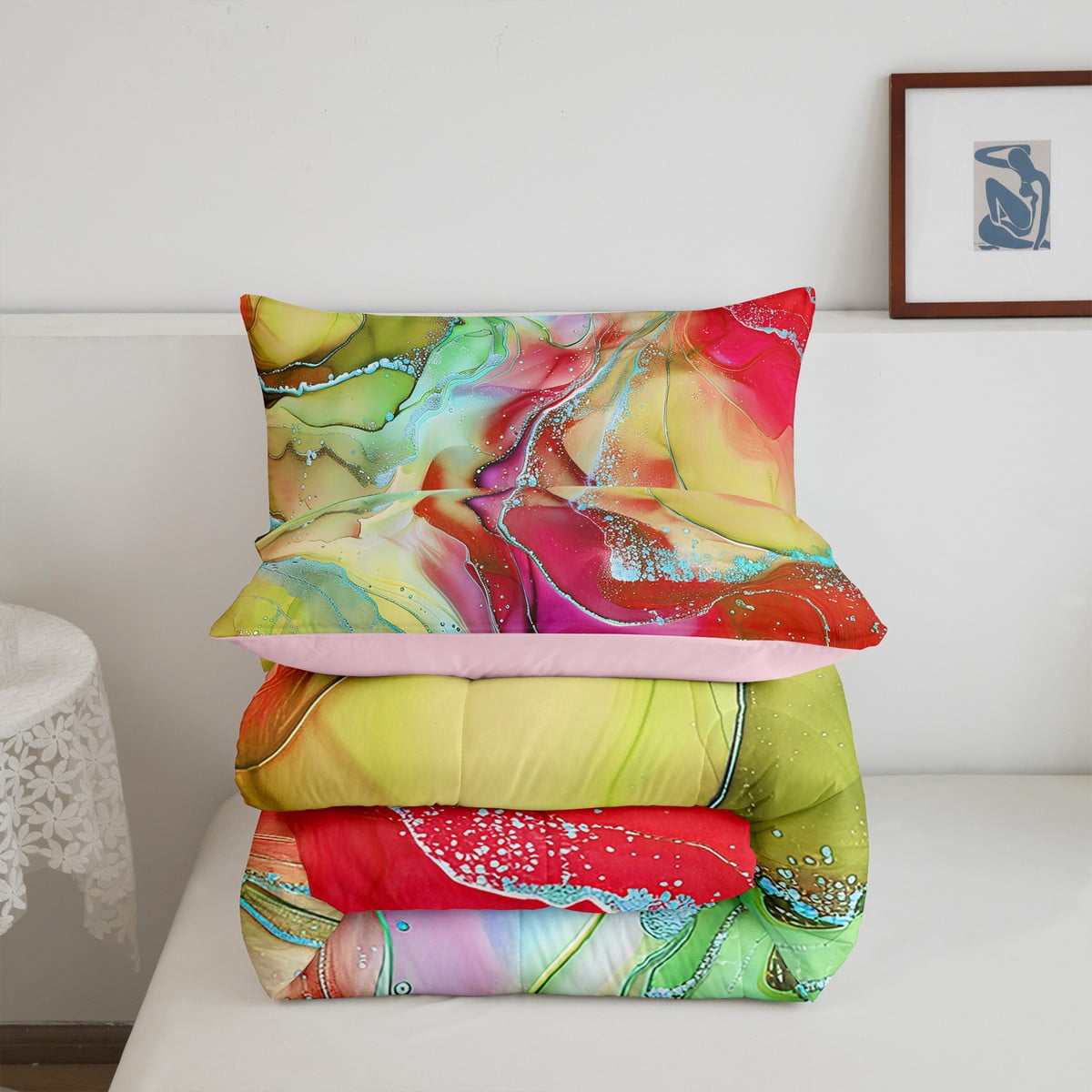 Erosebridal Chic Marble Bedding Full Size Yellow Red Watercolor Comforter Set Full, Colorful Tie Dyed Duvet Insert Aesthetic Marbling Quilt Comforter, Stone Pattern Bedding Comforters & Sets
