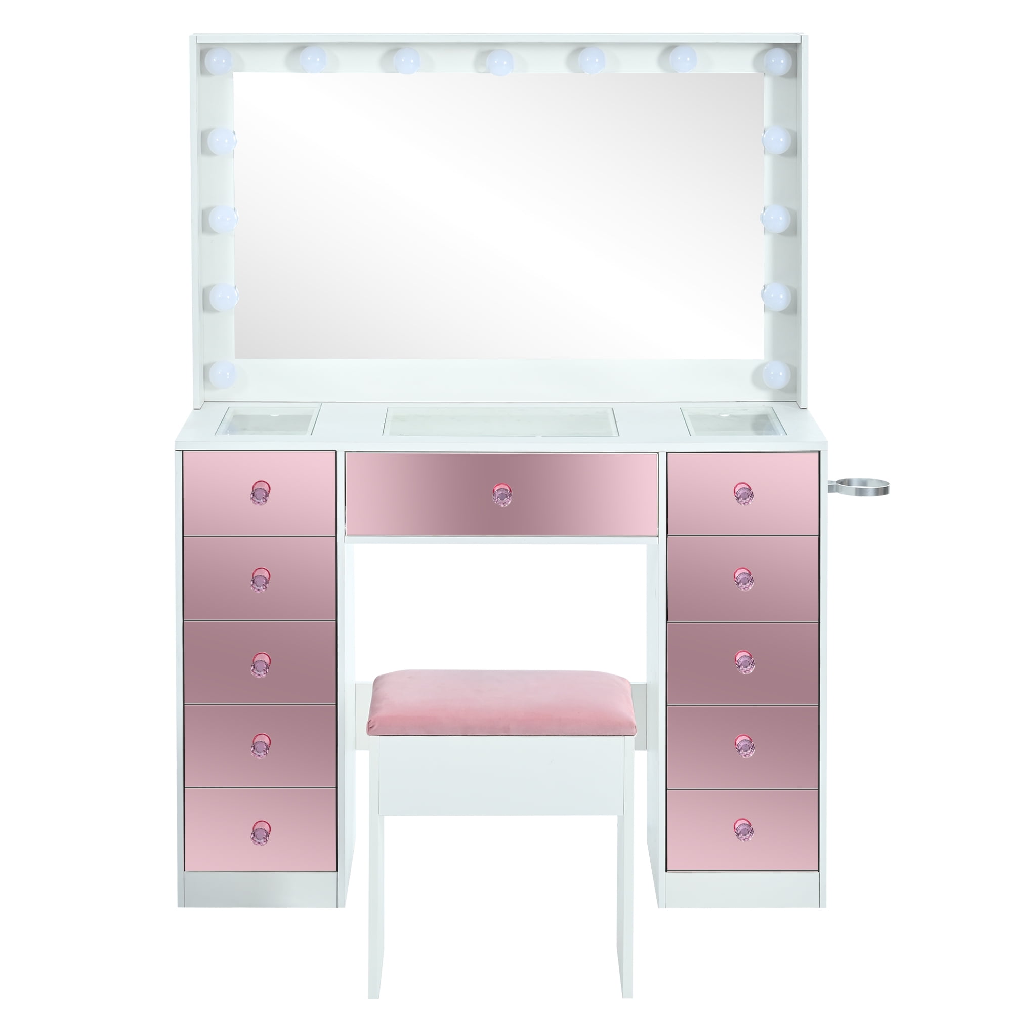 Makeup Vanity, Vanity Desk with Lights, Hollywood Vanity with 15 LED Bulbs 3 Color Modes Adjustable Brightness Pink Glass Top Dressing Table 11 Drawers Includes Cushioned Stool, Pink