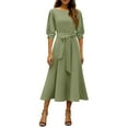 thumbnail image 2 of Women's Dress Three Quarter Sleeve Elegant with Belt and Pocket Chic Midi Dress for Spring Fall Party Office,Green,XL, 2 of 5