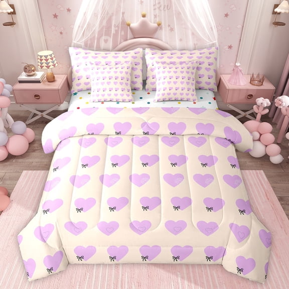 Feelyou Cute Love Heart Bedding Comforter Set 7 Pieces for Kids, Fashion Bow-tie Full Bedding Set, Cartoon Princess StyleReversible Fitted Sheet Flat Sheet, Ultra Soft Bedroom Decor