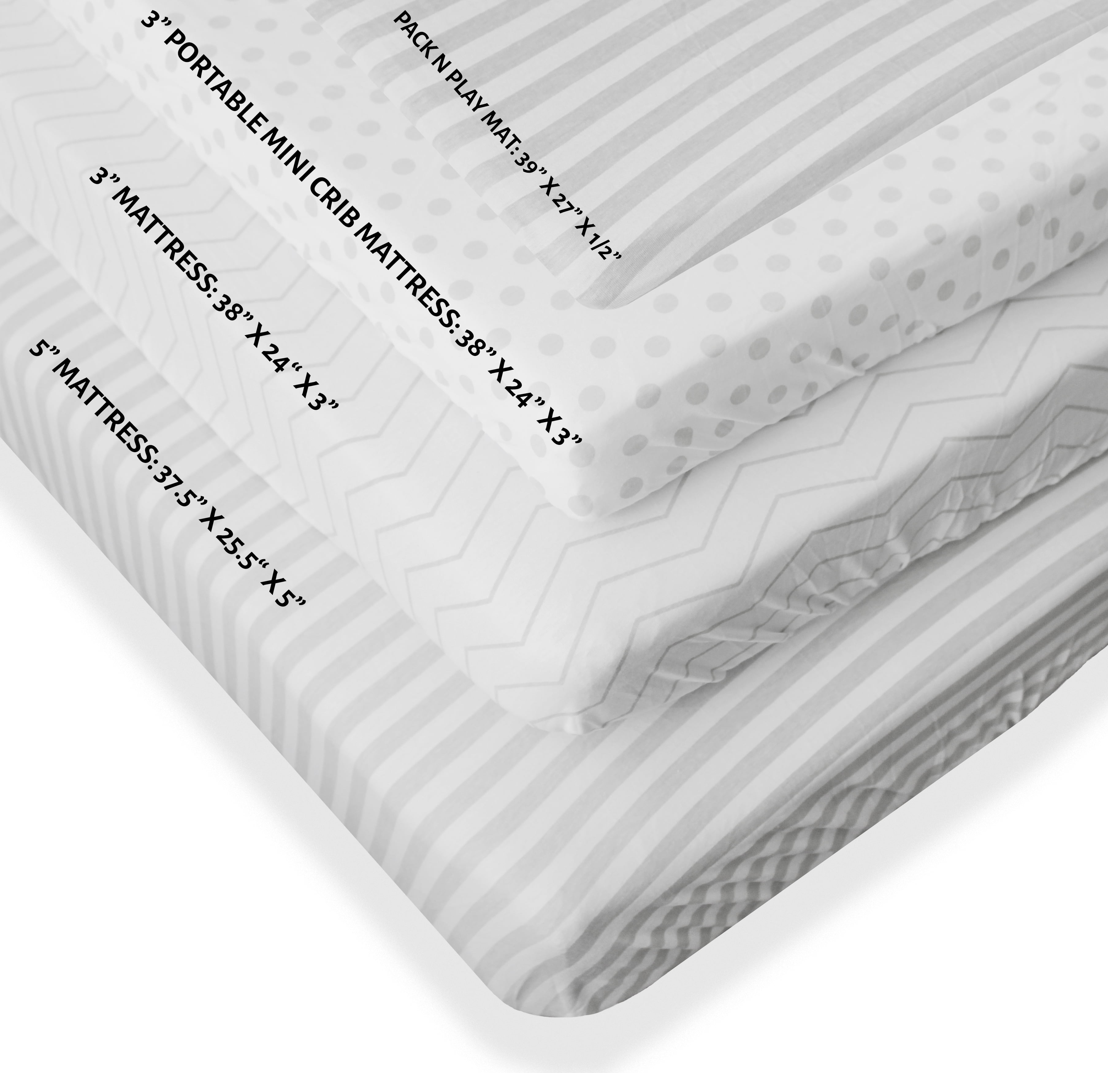 NODNAL CO. Gray and White Cotton Playard/Portable Crib/Mini Crib Fitted Sheet Set, 100% OEKO-TEX Cotton, 3 Pieces, for Baby Girl or Boy Infant/Toddler Nursery Bedding, Gender Neutral