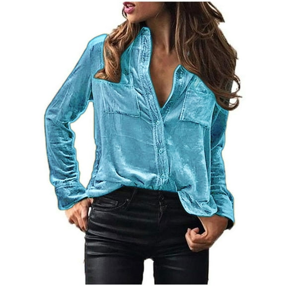 Naughtyhood Women's Blouses and Tops Women's Shirts Casual V-Neck Solid Tops Winter Velvet Long Sleeve Blouse Button Shirts Golden Velvet Women's Shirt