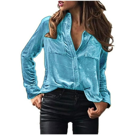 MIDCKE Womens Button Down Shirts Winter Autumn Velvet Tops Casual Long Sleeve Solid Color Blouses Casual Basic Slim Tunic Tees with Pocket Z#01-Light Blue M