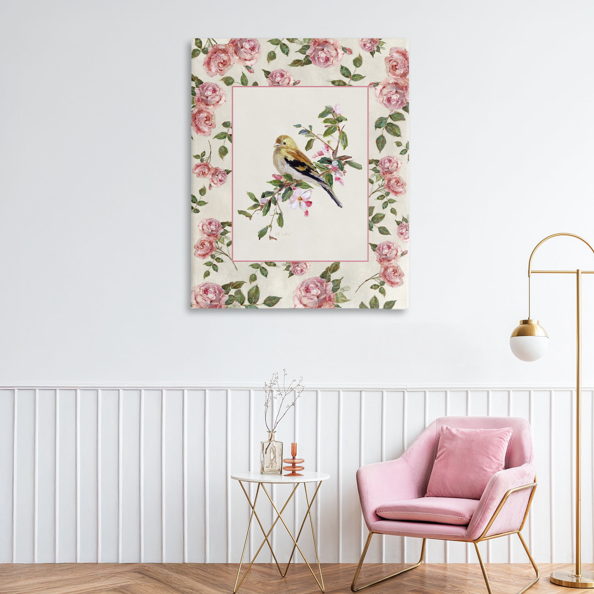 Stupell Industries Perched Bird with Dainty Roses Canvas Wall Art, design by Sally Swatland