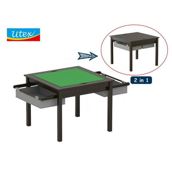 UTEX 2 in 1 Kids Construction Play Table with Storage Drawers and Built in Plate (Espresso with Grey Drwaer)