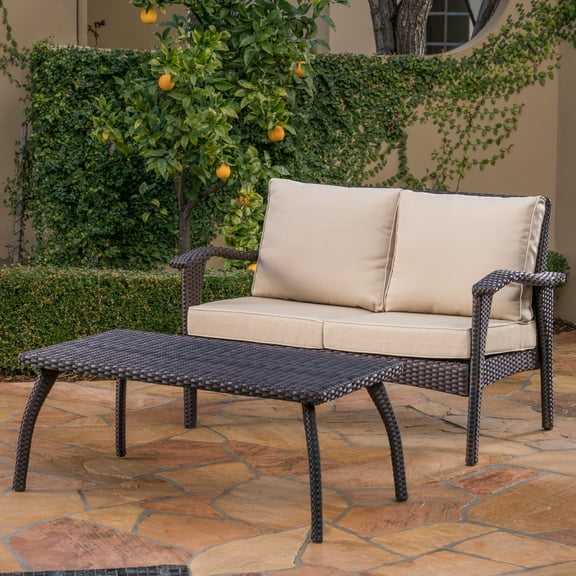 Outdoor Wicker Loveseat and Coffee Table Set with Cushions, Tan,Brown