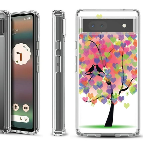 Shockproof Bumper Phone Case for Google Pixel 6a, by OneToughShield ® - Color Hearts Tree