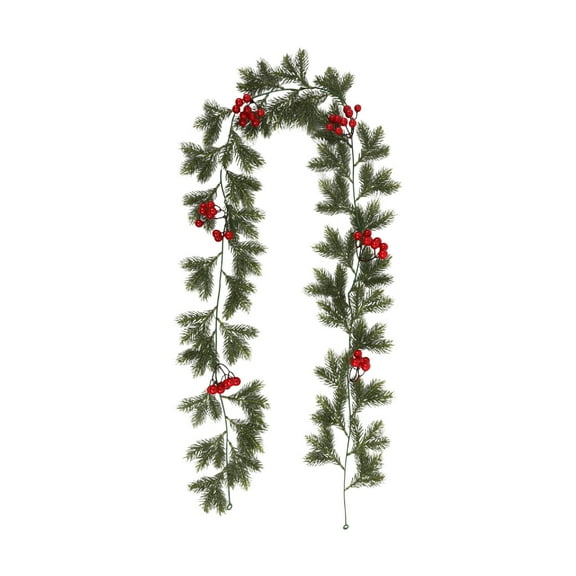 KOYPTL Red Berry Garland Christmas Decoration,6ft Artificial Christmas Greenery Garland with Holly Leaves Pine Needles for Fireplace Table Centerpiece Holiday Front Door Mantel Home Indoor Decor