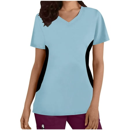 

Womens Scrub Tops Cute Cat Print Short Sleeve V-Neck Uniform Fashion Workwear T-Shirt Nurses Tops with Pockets