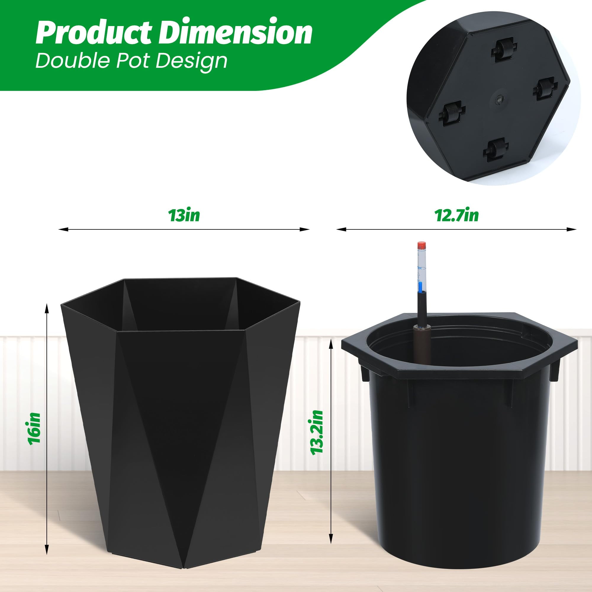 Garvee 2025 New 16" Tall Planters Set of 2, Outdoor＆Indoor Planter Pots, High Front Porch Planter Pots with Drainage Holes＆Water Level Monitor＆Inner Bucket, Automatic Watering, Black