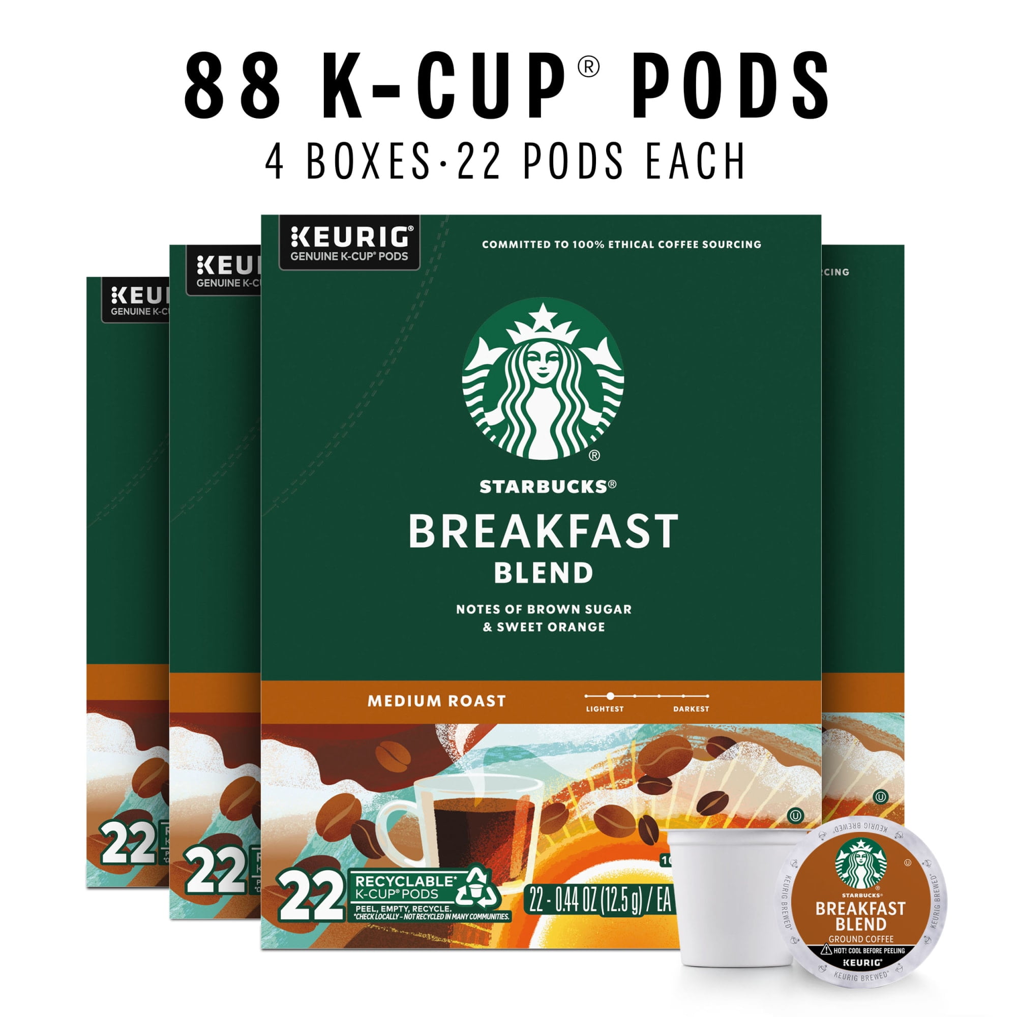 (4 pack) Starbucks Breakfast Blend, Hot or Iced Coffee, Medium Roast K-Cup Coffee Pods, 22 Count​