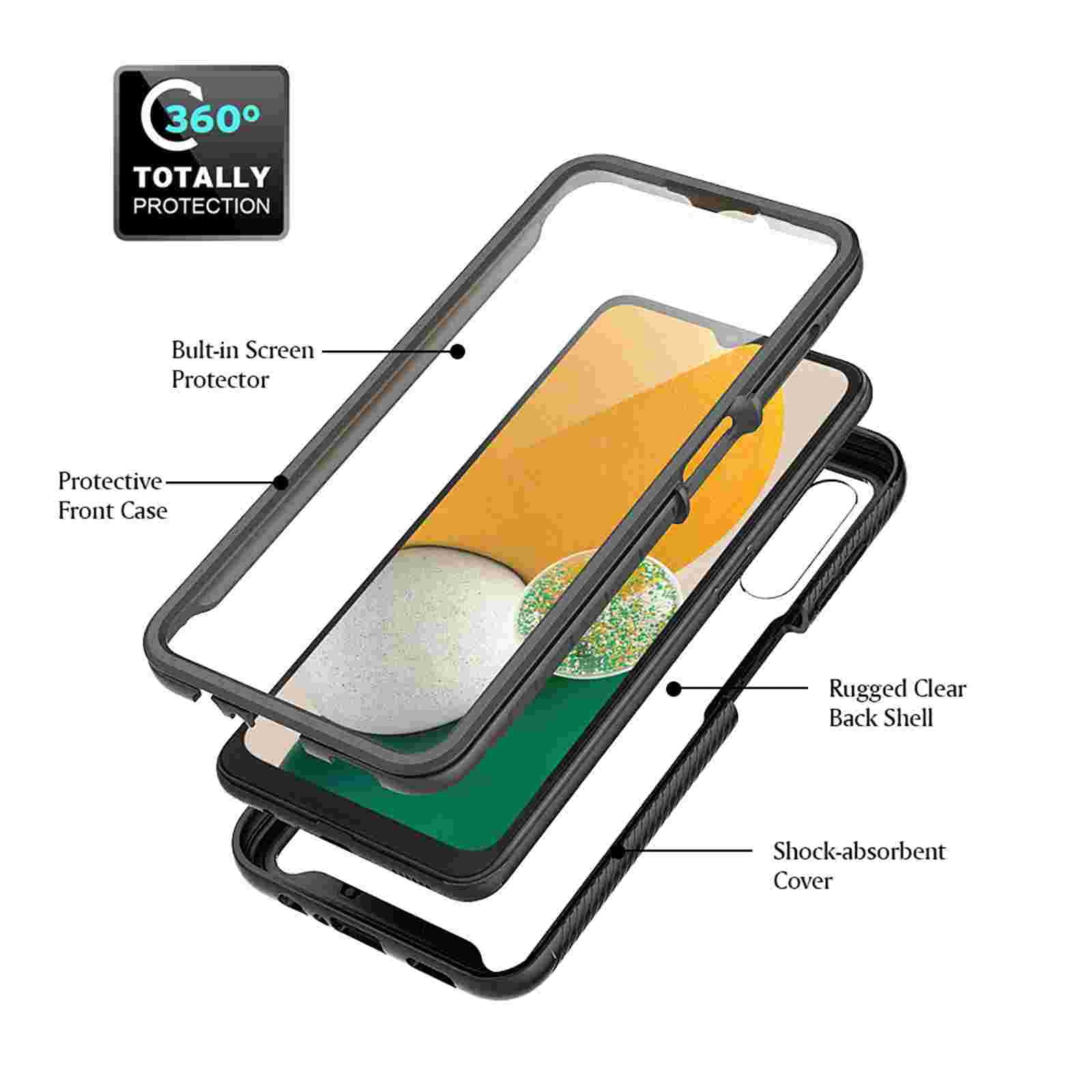 for Samsung Galaxy A37 Phone Case with Screen Protector, Shockproof Soft TPU Bumper Rugged Clear Hard PC Back Shell Anti-Scratch All-inclusive Case Cover for Samsung A37, Black