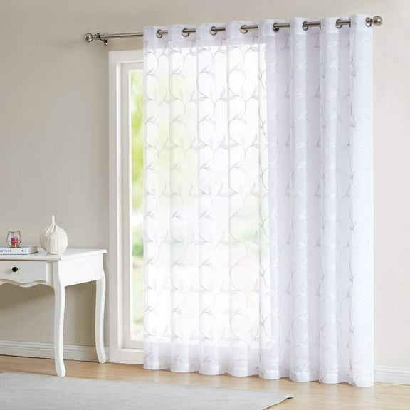 WARM HOME DESIGNS 1 Sheer White Faux-Linen Sliding Door Curtain Panel with Stitched Silver Leaf Embroidery. M Silver Patio 84
