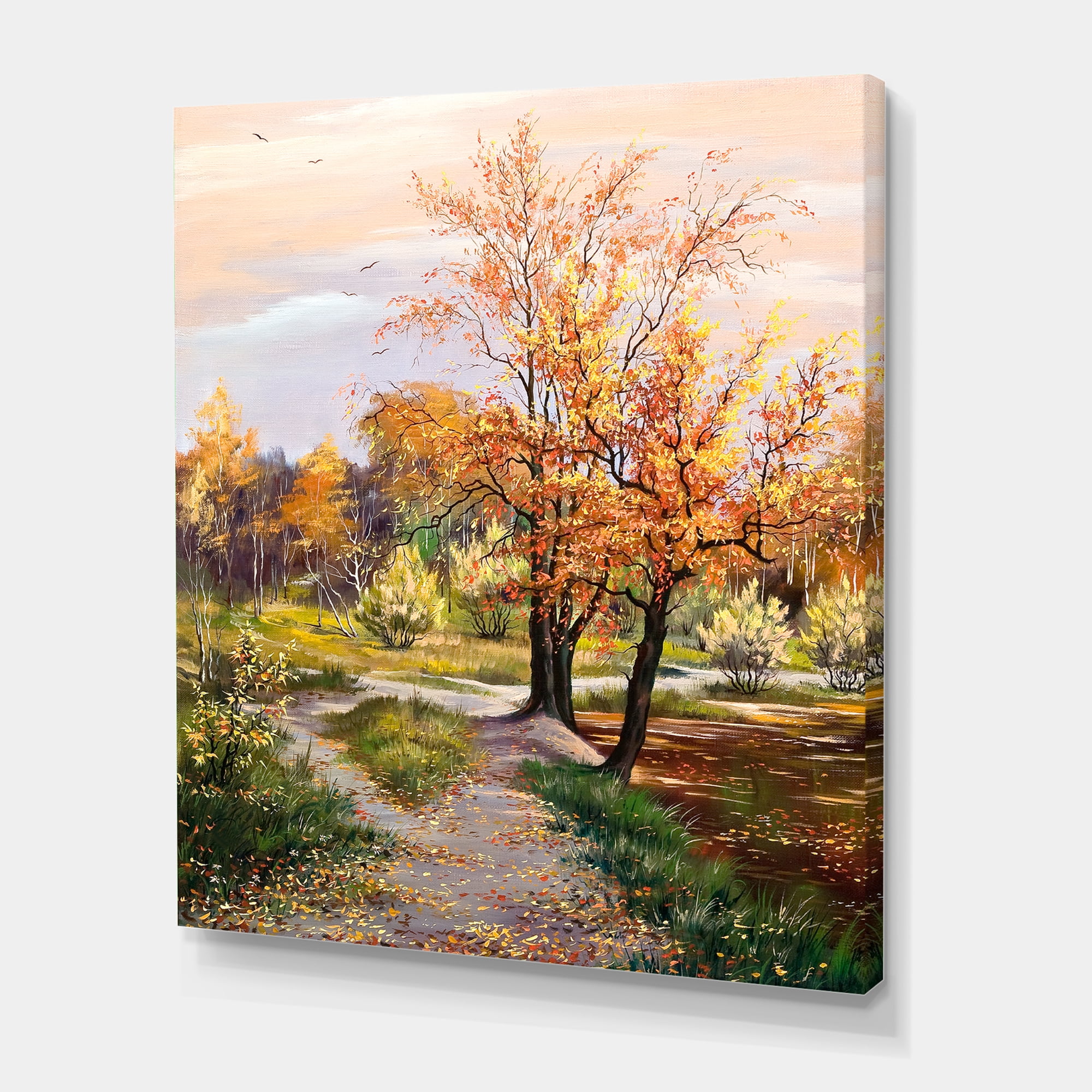 Designart ' The Orange Woods Along River ' Country Canvas Wall Art Print