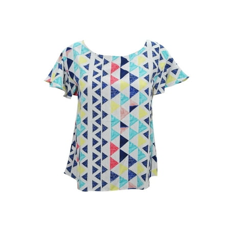 Reversible Triangle Top - Mogul Womens Blouse Short Sleeves Round Neckline Triangles Printed Boho Chic Summer Casual Tops