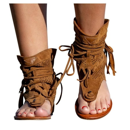 

Bidobibo Flat Gladiator Sandals for Women Retro Bohemian Summer Tassel Back Strappy Open Toe Casual Sandals Roman Beach Flip Flop Thong Shoes