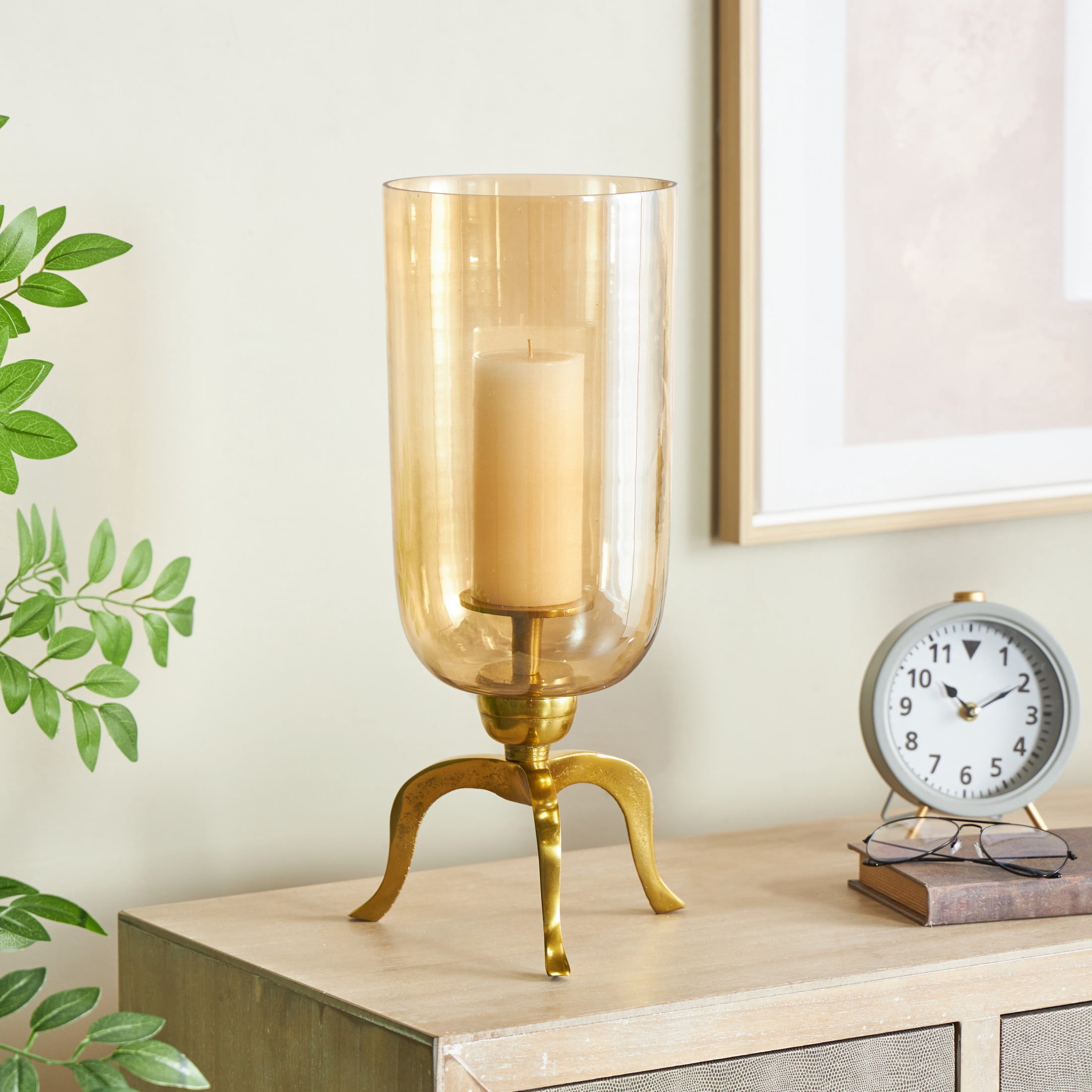 DecMode Gold Aluminum Metal Single Candle Hurricane Lamp