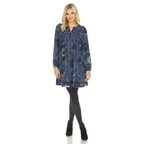 White Mark Women's Long Sleeve Floral Embroidered Sweater Dress