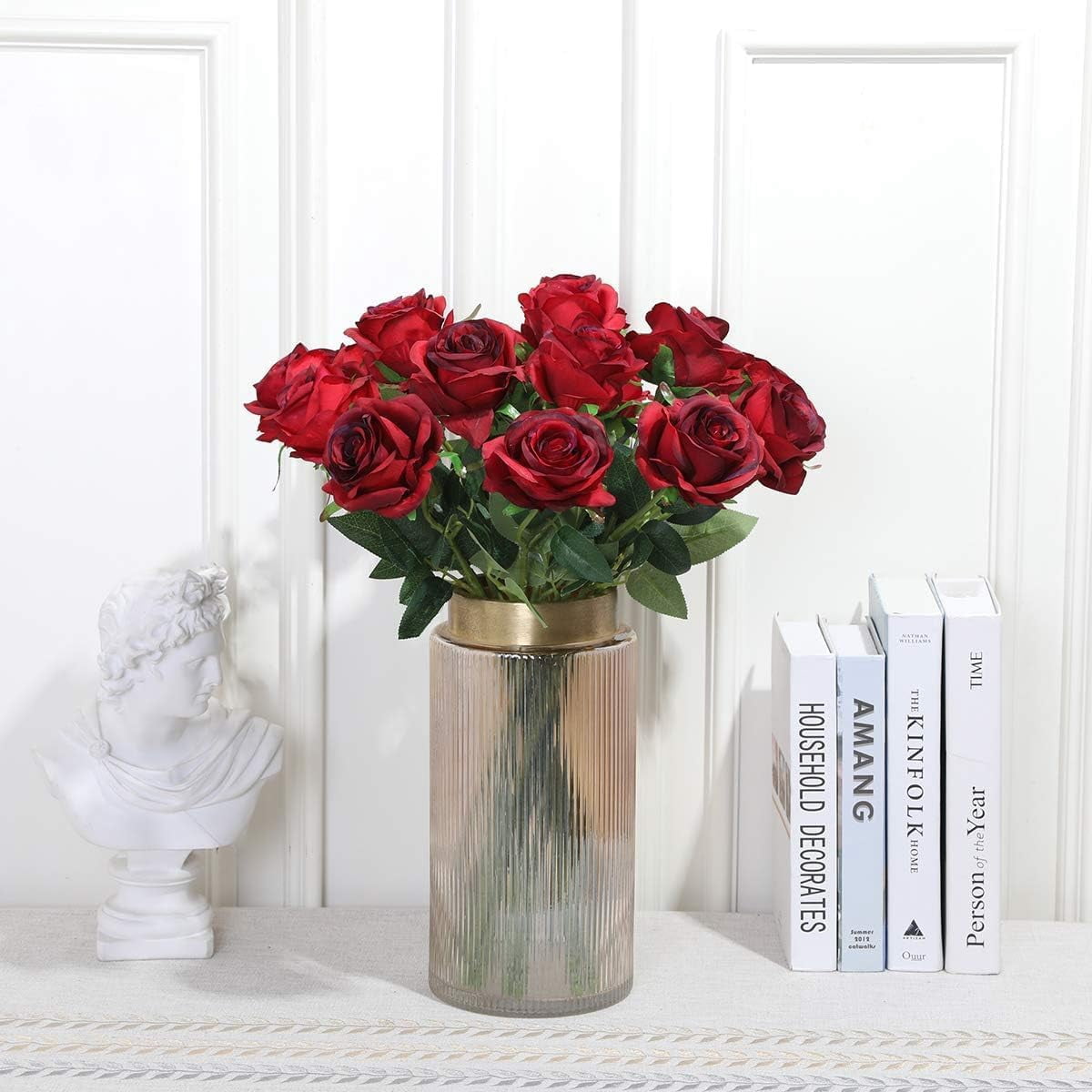 Burgundy Fake Roses Artificial Flowers - Fake Artificial Roses Silk Flowers with Stems for Home Wedding Hotel Office Centerpiece Decor（Burgundy）