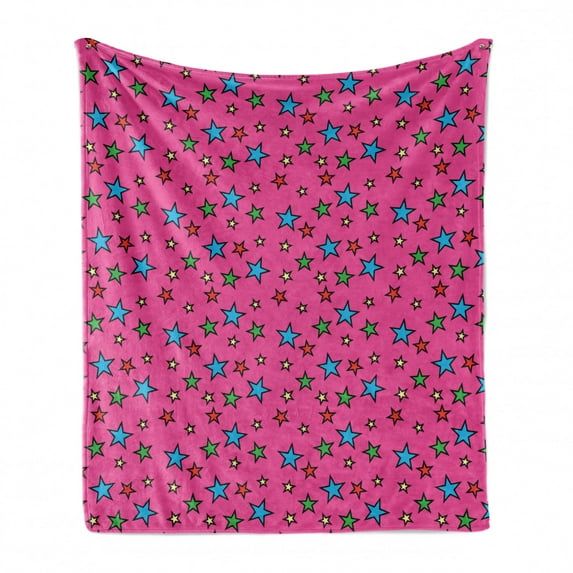 Pop Art Soft Flannel Fleece Blanket, Vintage Retro 50s Comics Themed Image with Stars Pattern on Hot Pink Color Backdrop, Cozy Plush for Indoor and Outdoor Use, 50" x 70", Multicolor, by Ambesonne