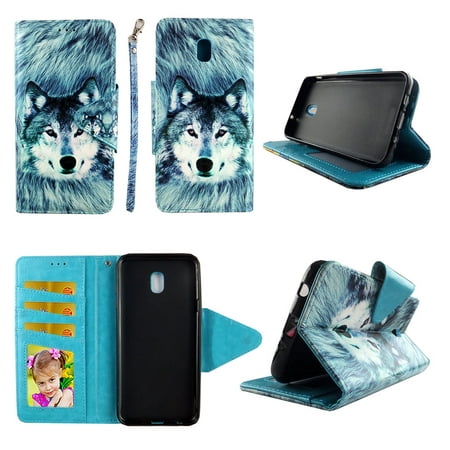 Snow Wolf Wallet Case for Samsung Galaxy J7 (2018) / J7 Refine / J7 V 2nd Gen / J7 Star Folio Standing Cover Card Slot Money Pocket Magnetic Closure Fashion Flip Pu Leather