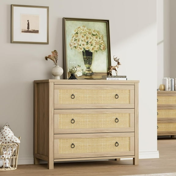 Jotoa Rattan 3 Chest of Drawers, 29 inch Boho Wooden Drawer with Storage, for Bedroom, Nursery, Living Room, Natural